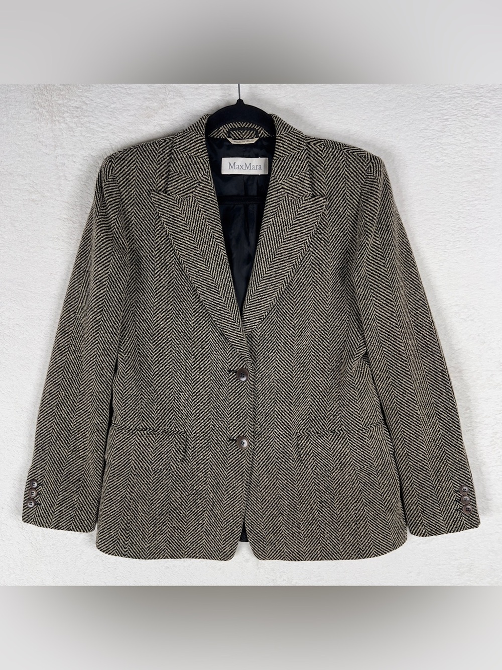 Max Mara Herringbone Twill Wool Blend 2 Button Blazer Women Size 10 Italy Tan
